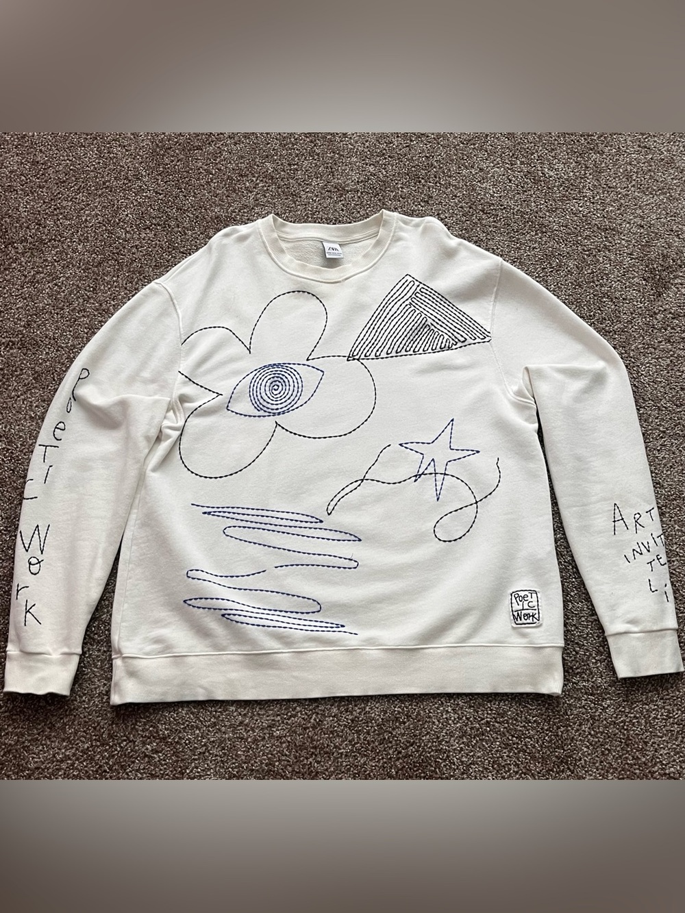 ZARA "Poetic Work" Artistic Embroidered Ecru / Cream Sweatshirt Men’s size XL